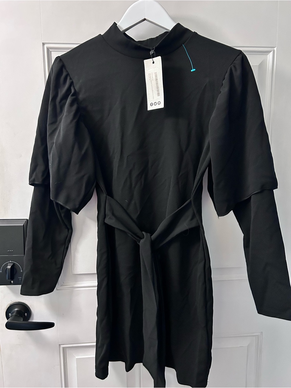 Boohoo Black Puff-Sleeve Tie-Waist Mini Dress